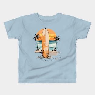 Surfboard Against Beautiful Sunset Minimalist Design Kids T-Shirt